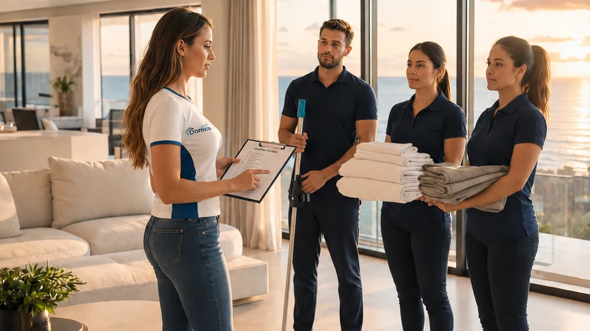 Eva Koleva briefing a three-person cleaning team before a changeover