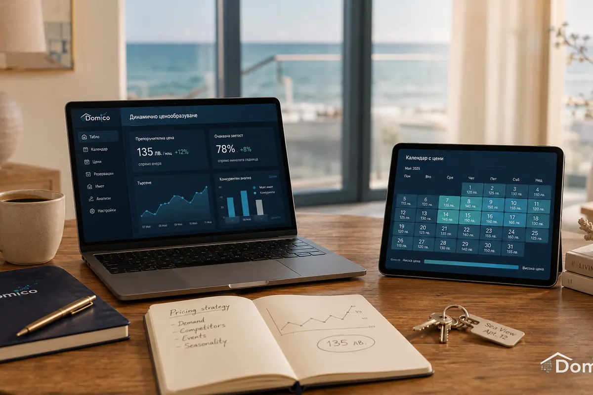 A laptop showing a Domico owner statement, a booking calendar on a tablet and a notebook